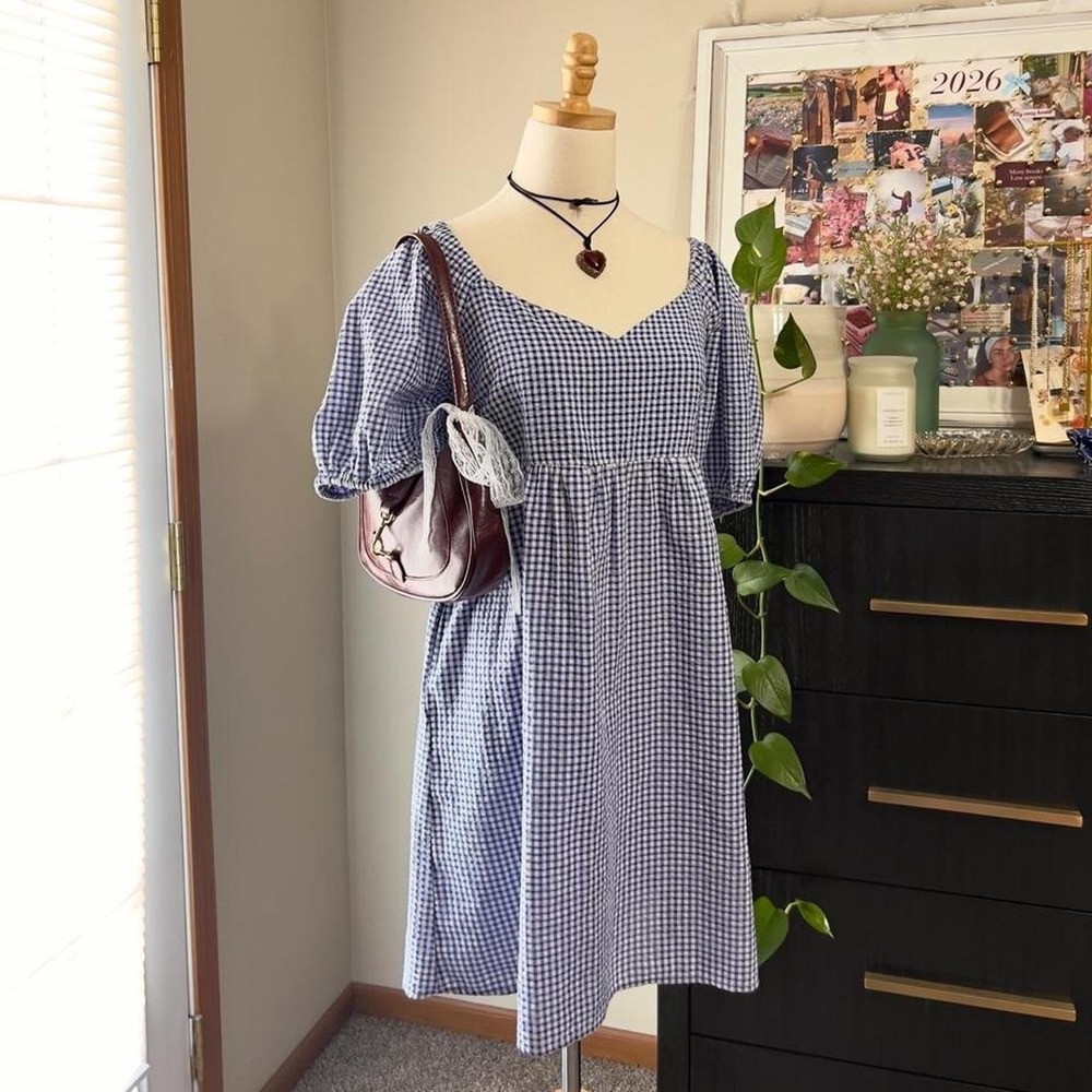 Old Navy Blue Gingham Puff Sleeve Mini Dress Seersucker Size Large Cottage